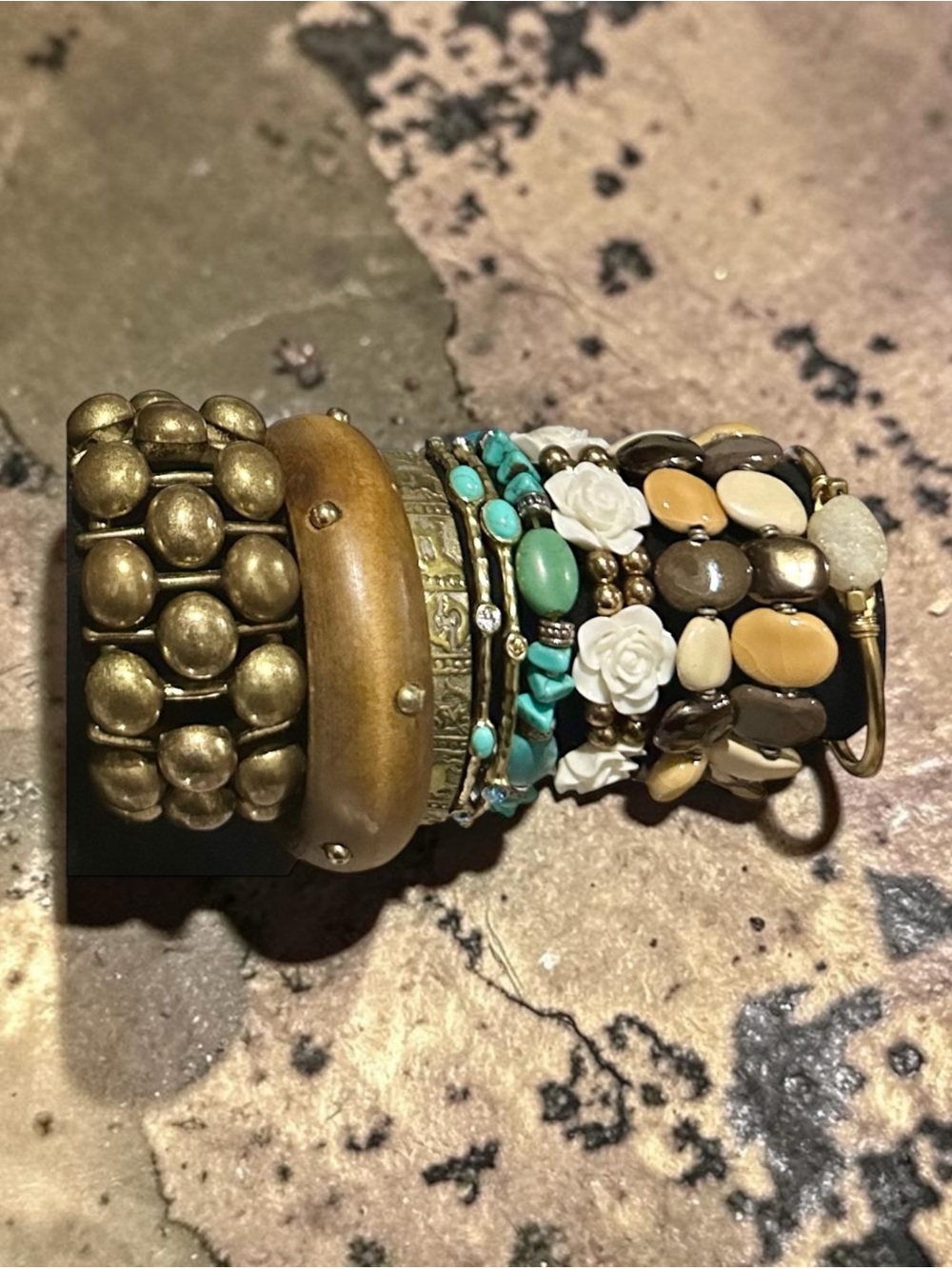 Signature Faith Boho Beaded Bracelet Stack Set • Turquoise Cream Gold Vintage